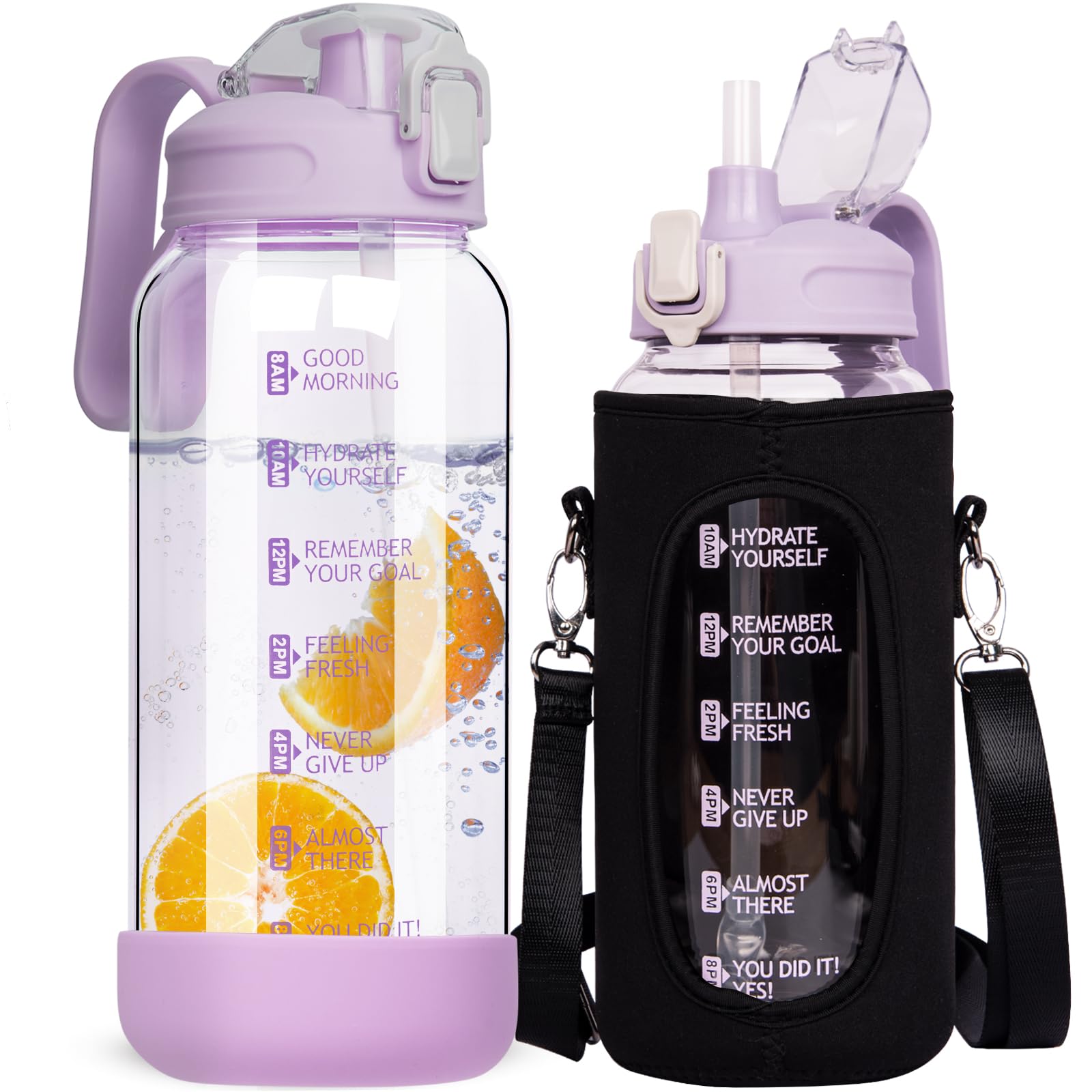 DEARRAY 2L Glass Water Bottle with Straw & Time Markings - Leakproof Motivational Drink Bottle