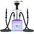 Complete Hookah Set with Everything - Modern Cube Acrylic Hookah 2 Hose with Heat Management Device | Silicone Hookah Bowl | Aluminum Coal Tongs Stem for Better Shisha Hookah Narguile Smoking | Diffuser Magical Remote LED Light | Easy Cleaning Easy Inhale
