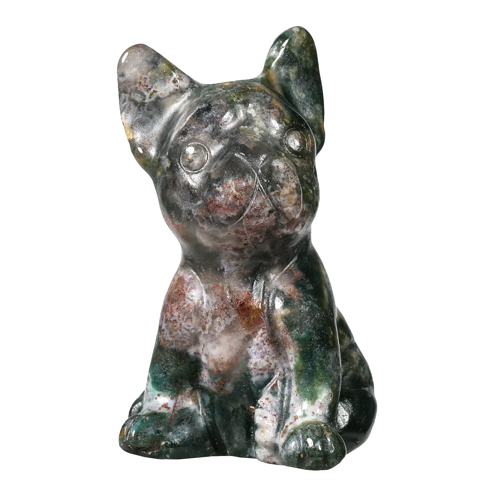 mookaitedecor Moss Agate Crystal Stone Dog Figurine, Hand Carved Animal Puppy Statue Sculpture Decoration for Home Office Lucky Fortune Gift, Height 1.1-1.38" — image 1