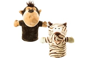 Animal Hand Puppets Set of 2 by BetterLine - Premium Quality, 9.5 Inches Soft Plush Hand Puppet for Kids- Perfect for Storytelling, Teaching, Preschool, Role-Play Toy Puppets (Monkey and Tiger)