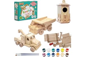 Kraftic Woodworking Building Kit for Kids and Adults, with 3 Educational DIY Carpentry Construction Wood Model Kit Toy Projects for Boys and Girls - Tow Truck, Birdhouse and Dump Truck