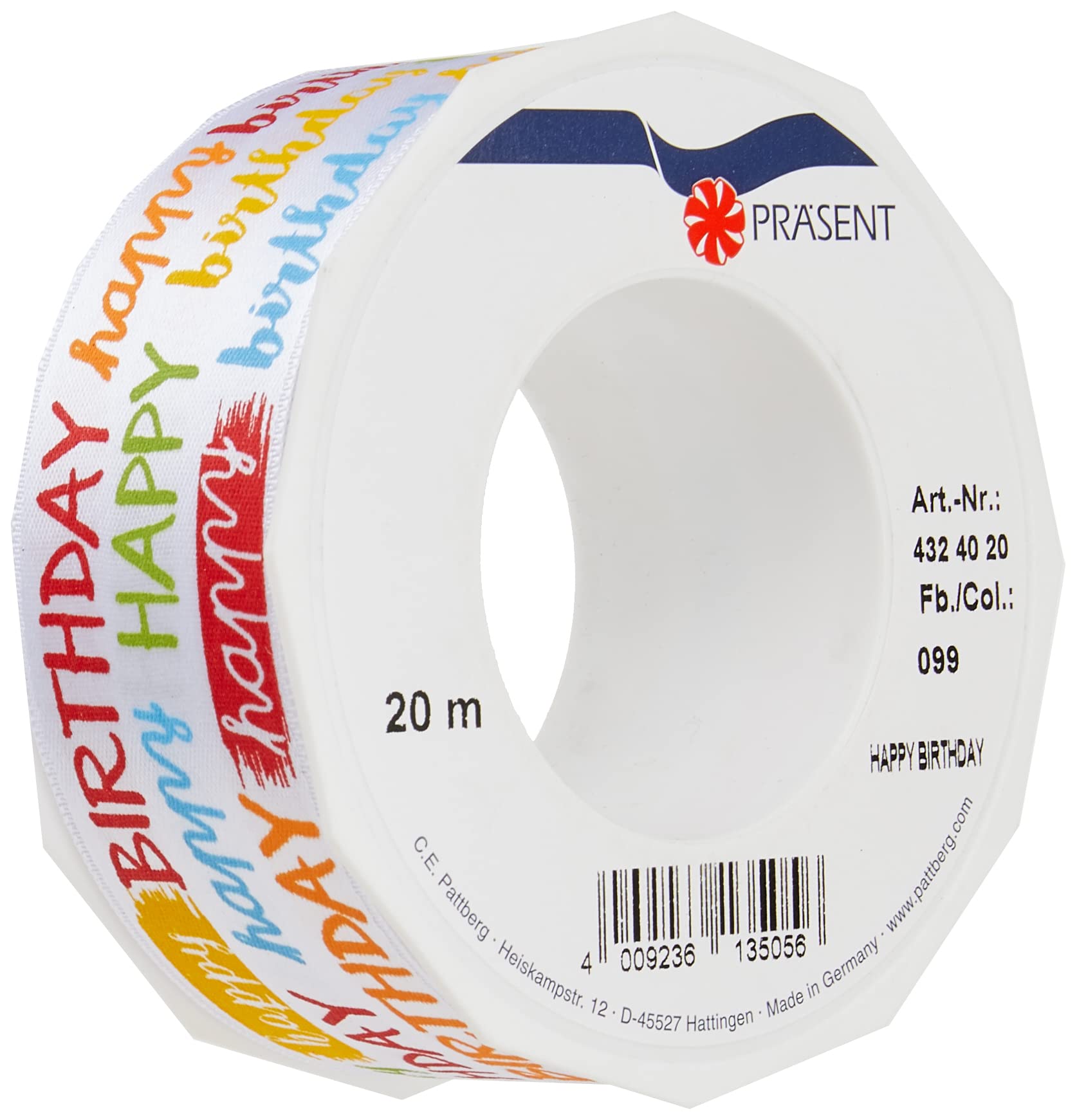 Präsent - Happy Birthday Printed Satin Ribbon Colourful 40 mm Width, 20 m Length