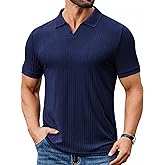 COOFANDY Men's Ribbed Polo Shirts Short Sleeve V Neck Slim Fit Polo T-Shirt Casual Summer Collared Golf Shirt