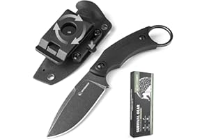 SPITZKANTE SSH-A Fixed Blade Survival Knife with Rotating Clip, D2 Steel Full Tang 6.92" Small EDC Horizontal Carry Tactical Knife with Kydex Sheath, Stonewashed Black – Micarta Handle