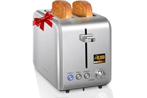 SEEDEEM Toaster 2 Slice, Stainless Steel Bread Toaster Color LCD Display, 7 Bread Shade Settings, 1.4'' Wide Slots Toaster Ba