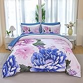 ZSYAYAHA 7 Pieces Floral Queen Comforter Set Pink Floral Bedding Set Blue Flower Bed in A Bag Microfiber Reversible Botanical Bed Set for Women Adults(Blue, Queen)