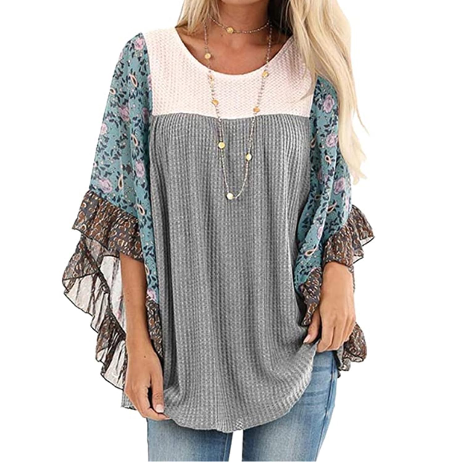 CASURESS Women's Floral Printed Batwing Top - 3/4 Sleeve Loose Blouse Pullover, Waffle Knit - View #10