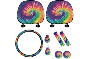 BIGCARJOB Tie Dye Car Seat Headrest Covers Full Set of 9 Pcs Rainbow Tie Dye Print Car Seat Decorative Headrest Cushion Case,Steering Wheel Protector,Cup Holder,Seat Belt Pads for Womens Gifts