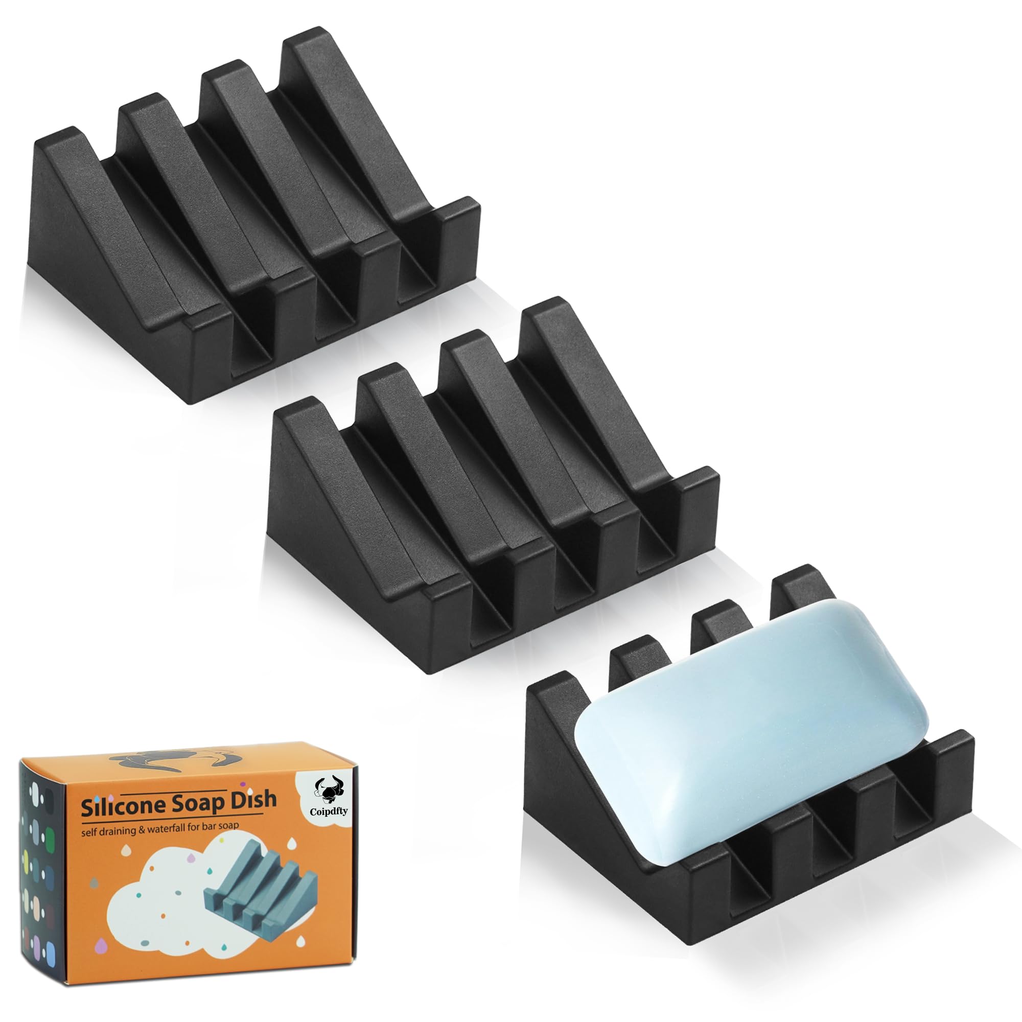 Coipdfty Self Draining Soap Dish Holder,Silicone Soap Dish,for Bathroom,Kitchen, Sponges，Can Extend Soap Life，Keep Soap Bars Dry and Easy Cleaning (Black,3-Pack) Image
