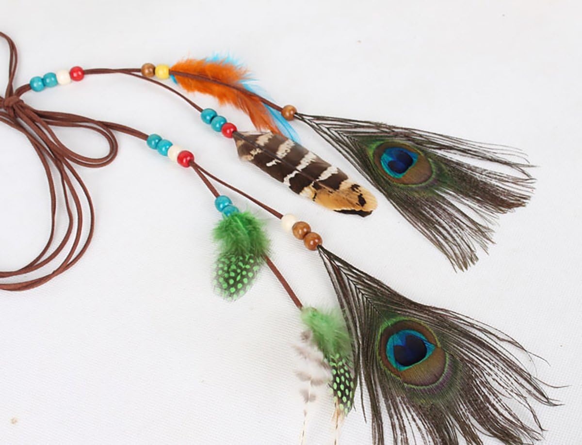 Fodattm Girls Native American Peacock Feather Headband Hair Rope Hoop Bohemian Hairband Headwear Handmade Indian Fascinator Hair Bands Headdress Hair Accessories Belt - Image 4