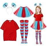 KDVOG Girl's Tulle Tutu Accessories Set, Kids Red T Shirt Tutu Skirt Striped Thigh High Socks Blue Headband for Age 5-12