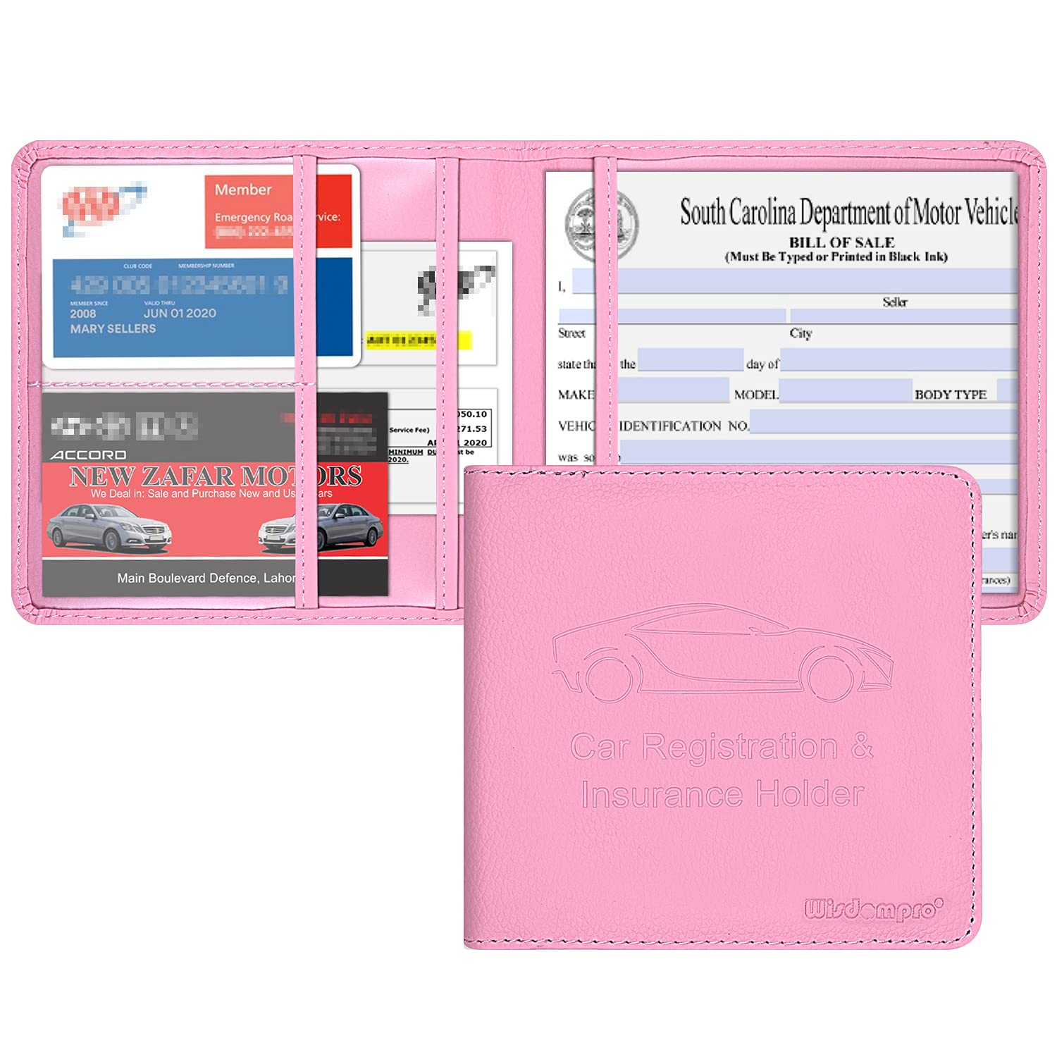wisdompro Car Registration and Insurance Documents Holder - Premium PU Leather Driving Licence Holder Paperwork Wallet Case Organizer for Vehicle Documents and Cards - Pink