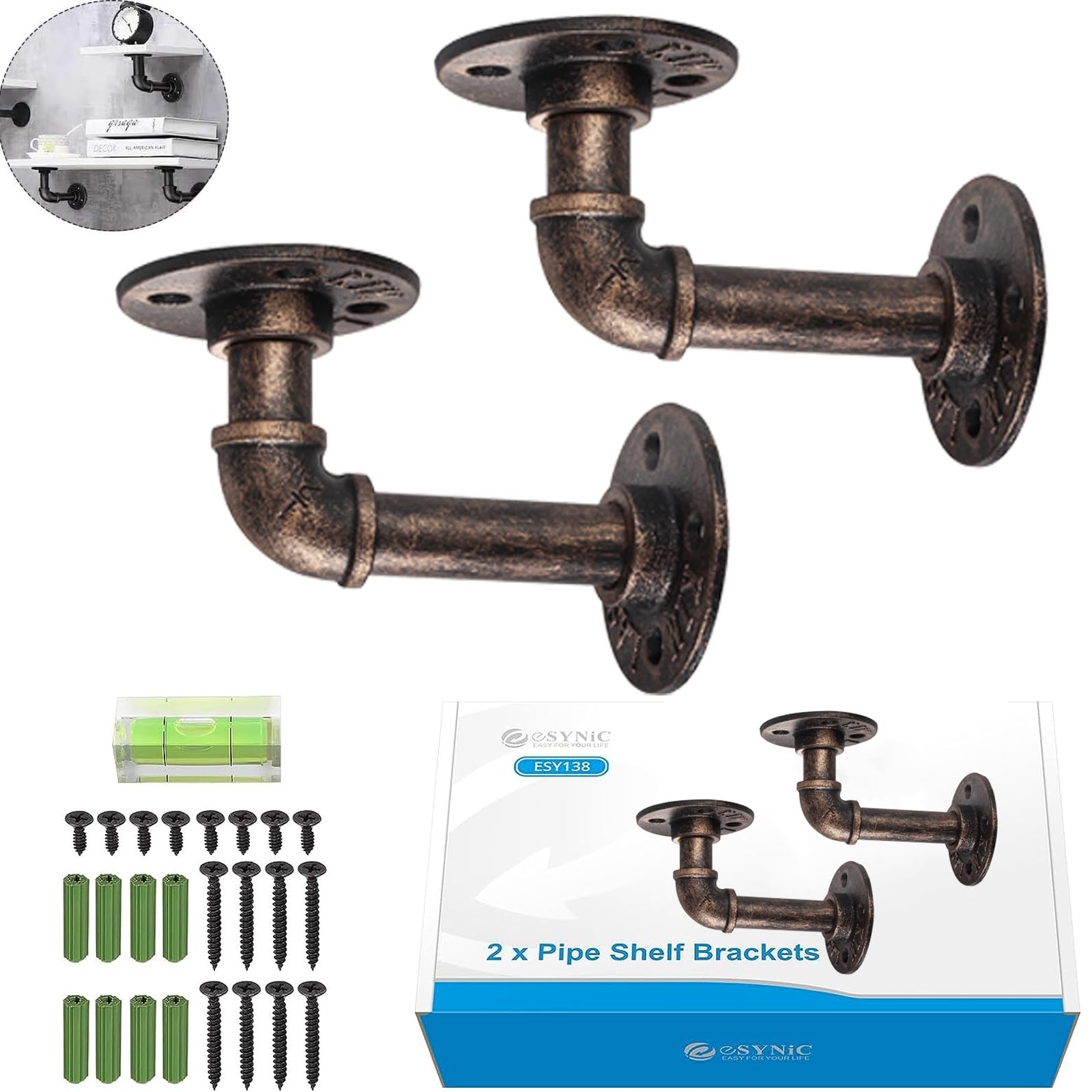 eSynic Popular 2Pcs Pipe Shelf Brackets Industrial Tube Rack Pipe Brackets for Book Shelf Rustic Floating Shelves for Scaffold Board (9 * 13cm) with a Mini Bubble Spirit Level