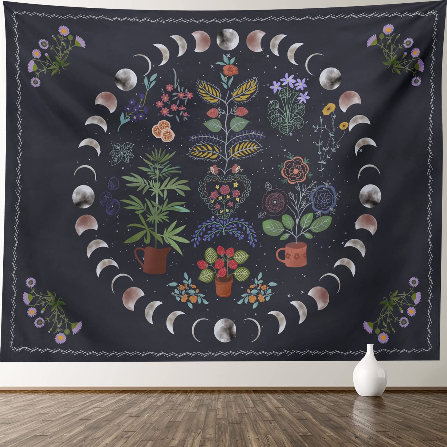 XGXL Botanical Moon Phase Wall Hanging - Floral Plants Boho Mandala Wall Tapestry for Bedroom Aesthetic Home Dorm