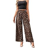 WDIRARA Women's Leopard Print Elastic High Waist Wide Leg Pants Casual Pants