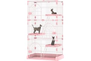 YIFOR 4-Tier Wire Cat Cage Playpen Kennel, 64 Inch Cat Catios Large Space for 1-3 Cats, Pink Cat Crate with 3 Platforms 3 Front Doors 2 Ramp Ladders