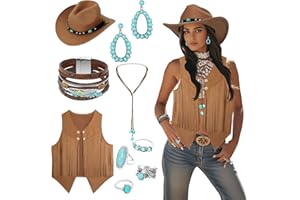 9 Pack Western Outfits for Women Cowgirl Vest Boho Cowboy Hat Jewelry Kit for Halloween Cosplay
