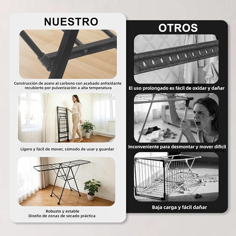 Varal dobrável com rodas, aço carbono, asas extensíveis até 1,7 m, altura ajustável, carga de 40 kg, secador para interior e exterior, preto