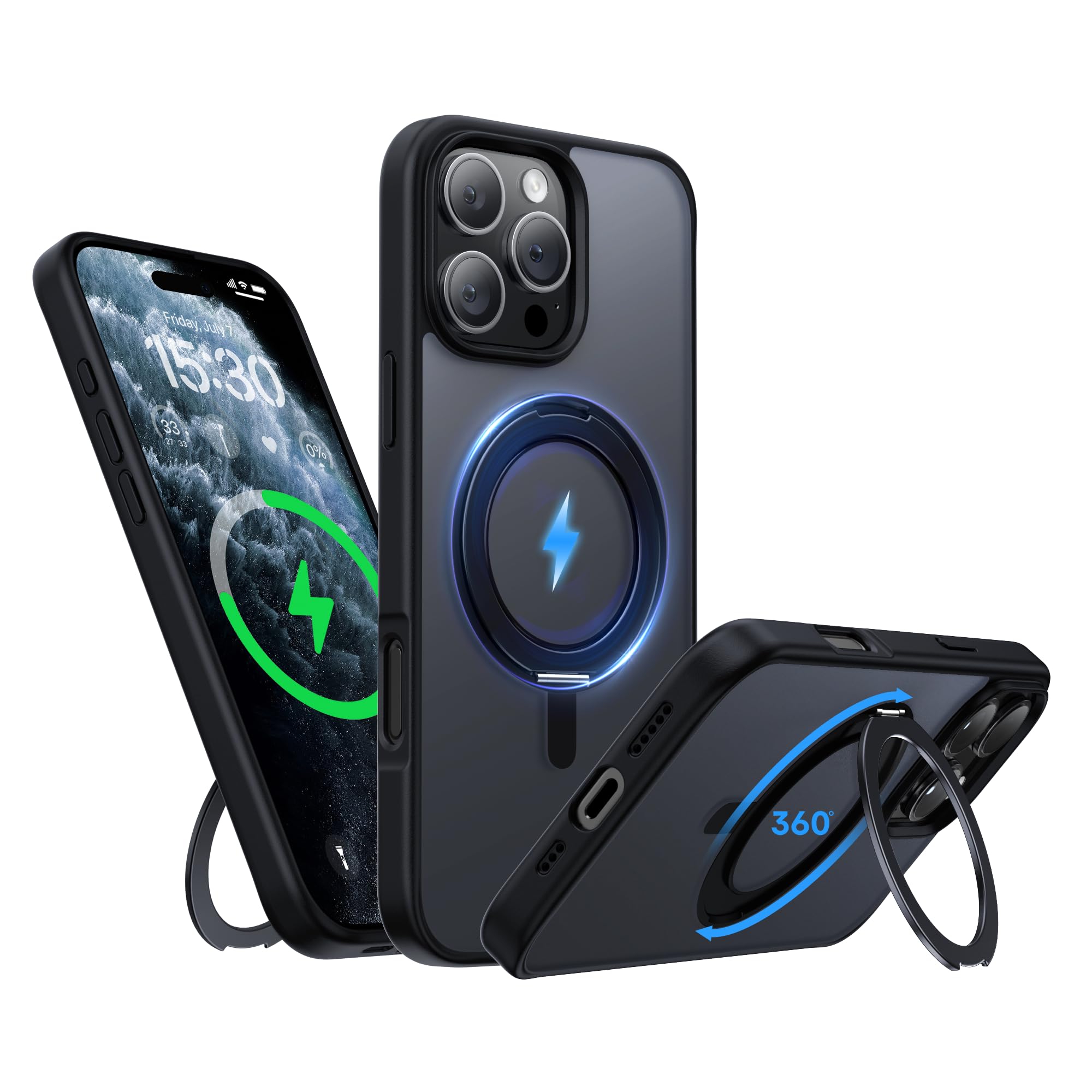 Niunisi Stand for iPhone 16 Pro Case, [Compatible with Mag Safe] 360° Rotatable Ring Holder Kickstand Military Shockproof Protective Case for iPhone 16 Pro 6.3 Inch, Black