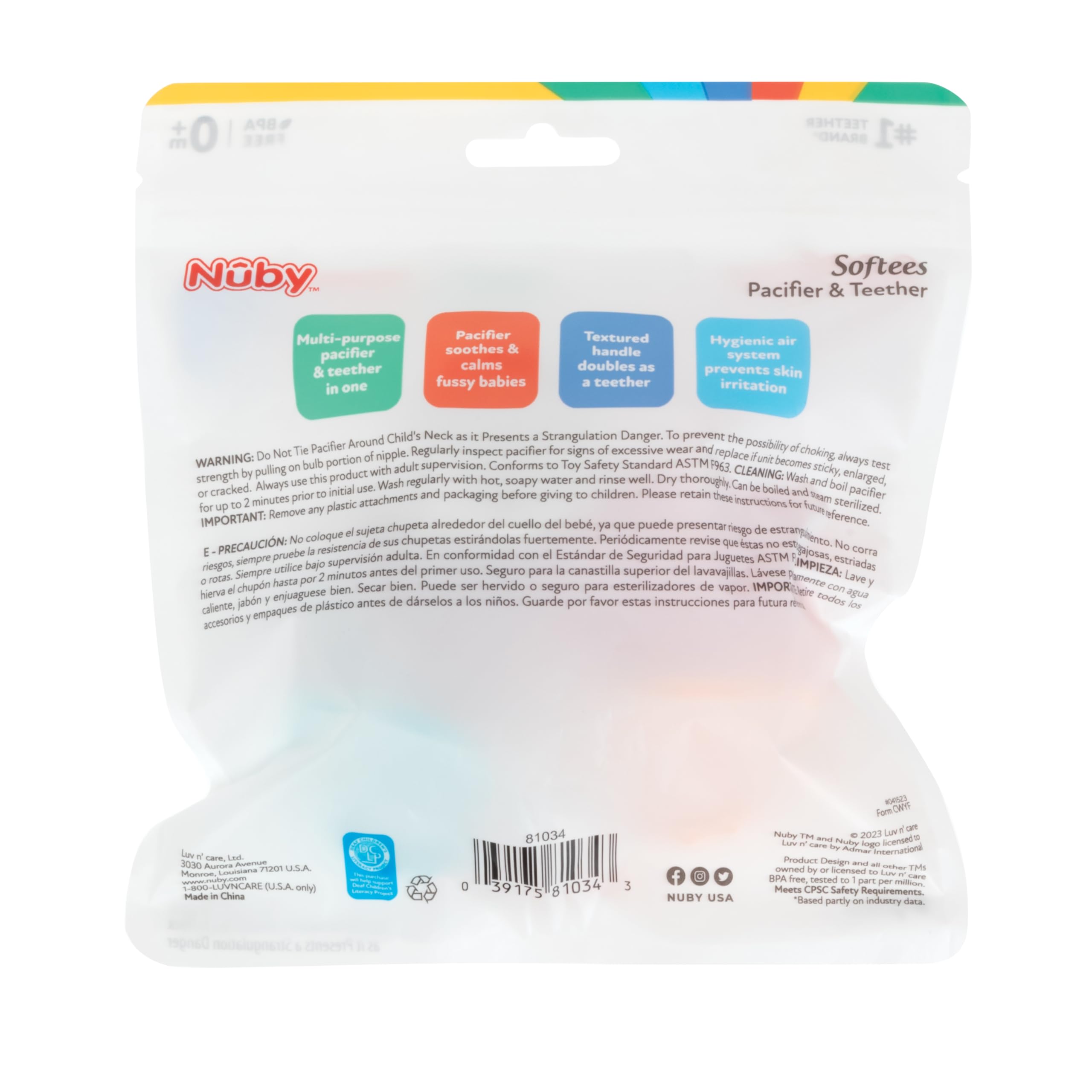 Nuby Silicone Softees Pacifier and Teethers - (5-Pack) Silicone Baby Pacifiers and Teethers - 0+ Months - Assorted Pastel Colors