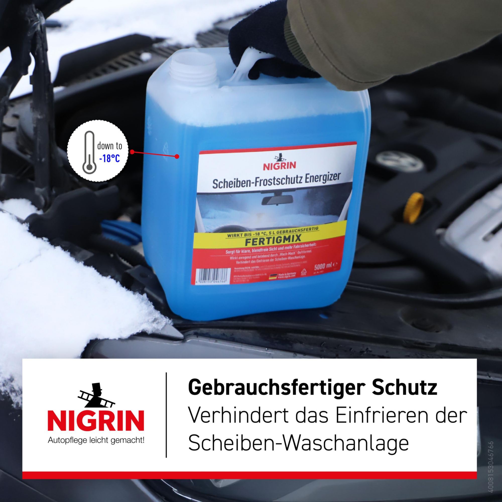 NIGRIN Scheiben Frostschutz Fertigmix ENERGIZER | 5 Liter | wirksam bis -18°C | Reinigungszusatz für Autoscheiben und Scheinwerfer | gegen Schnee, Salz, Öl, Ruß | schlierenfreie Sicht | Wach-Mach Duft 3