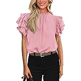 KIRUNDO Blouses for Women Dressy Casual 2026 Spring Summer Ruffle Short Sleeve Mock Neck Work Shirts Tops Fashion Clothing