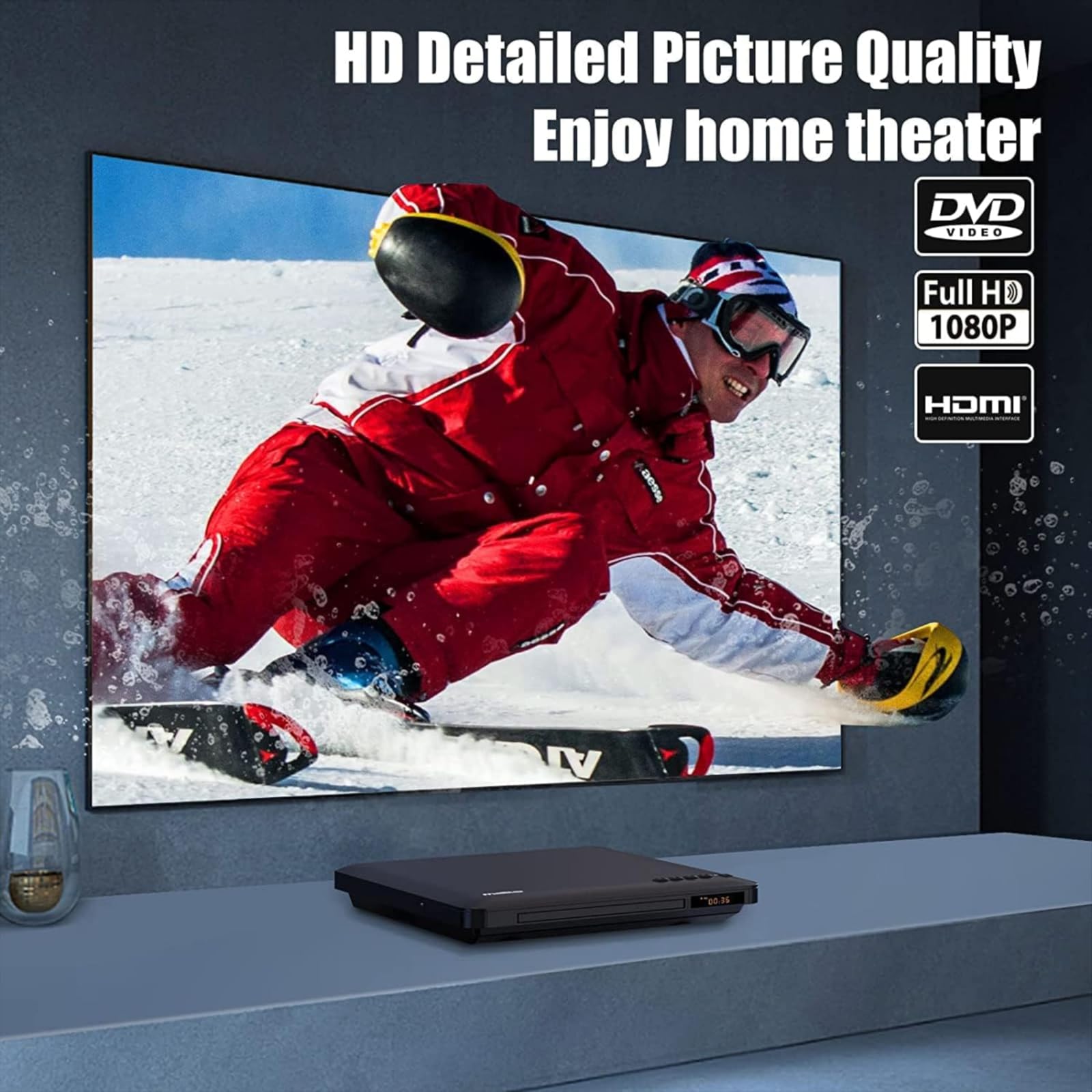 Ultra Slim DVD Player, Thinnest HDMI AV DVD Players for TV, 0.6 Inch Design with Region Free & Colourful HD Pixels, Supports USB Playback, NTSC/PAL DVD Player with HDMI & RCA Cables, Remote Control.