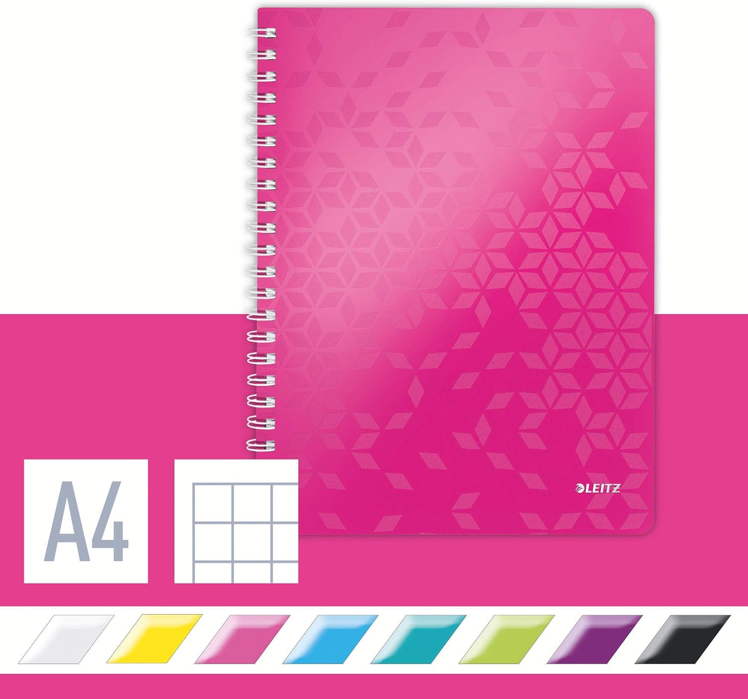 Leitz A4 Flexible Cover Notebook, Pink (Wire Bound, 80 Sheets, Squared Paper, 90 gsm Ivory Paper, Wow Range), Pack of 1