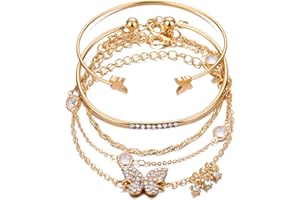 Caiyao Layered Stacking Link Chain Butterfly Honeycomb Bracelet Bangle Set Bohemian Paperclip Rhinestone Bead for Women 14K Gold Plated Animal Jewelry
