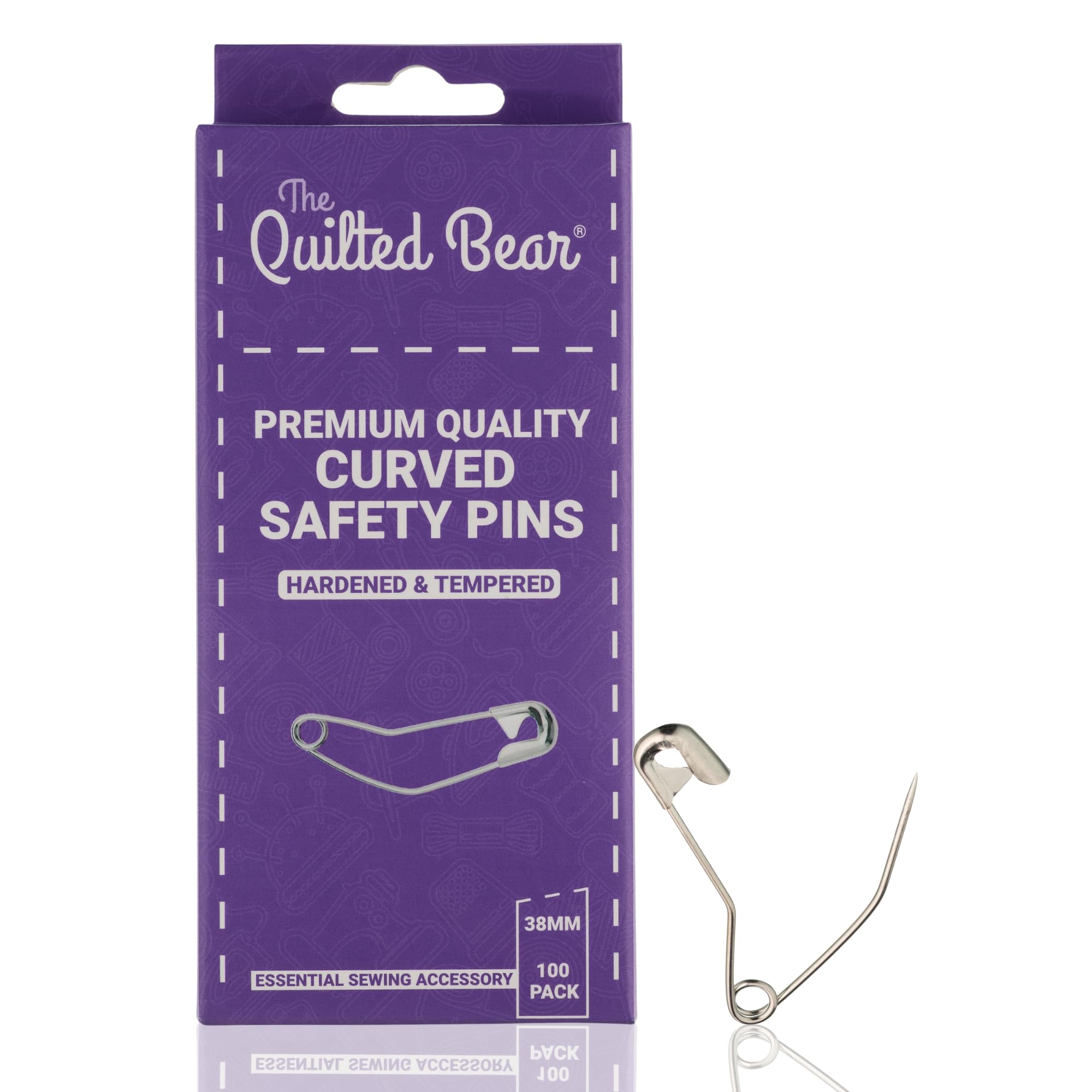 The Quilted Bear Curved Safety Pins - 100 Pack of 38mm Premium Curved Quilting Safety Pins for Clothes, Sewing, Dressmaking & Quilting Accessories
