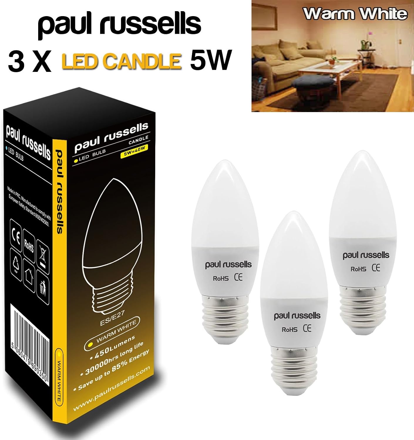 paul russells LED Light Edison Screw E27, 40watt Equivalent, 4.9W 470LM LED Bulbs, 2700K Bright Warm White - Image 3