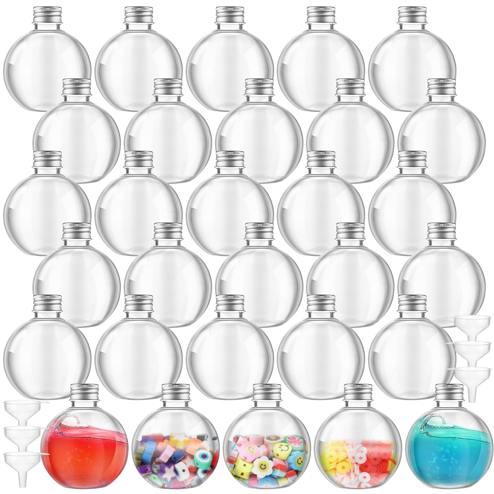 Photo 1 of Jinei 30 Pcs 6 oz Ball Shape Plastic Sand Art Bottles Spherical Clear Plastic Potion Bottles Christmas Cocktail Ornament Balls for DIY Wedding Party Gift Crafts Decoration (Silver,Aluminum Cap)