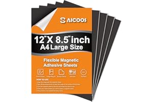 SAICOOS Magnetic Sheets with Adhesive Backing - Easy to Cut Magnet Sheet for Photos, Stickers, Die Storage - A4 Large Size (12" x 8.5") - Extra Strong and Durable Displate Magnets for Fridge, Cabinets (4Pcs)
