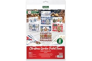 Katy Sue Christmas Garden Picket Fence Card Making Kit - 8 Shaped Cards, Die-Cut Embellishments, Background Scenes, Foam Pads, Instructions & 8 Envelopes for Christmas Card Making Supplies. UK-Made.
