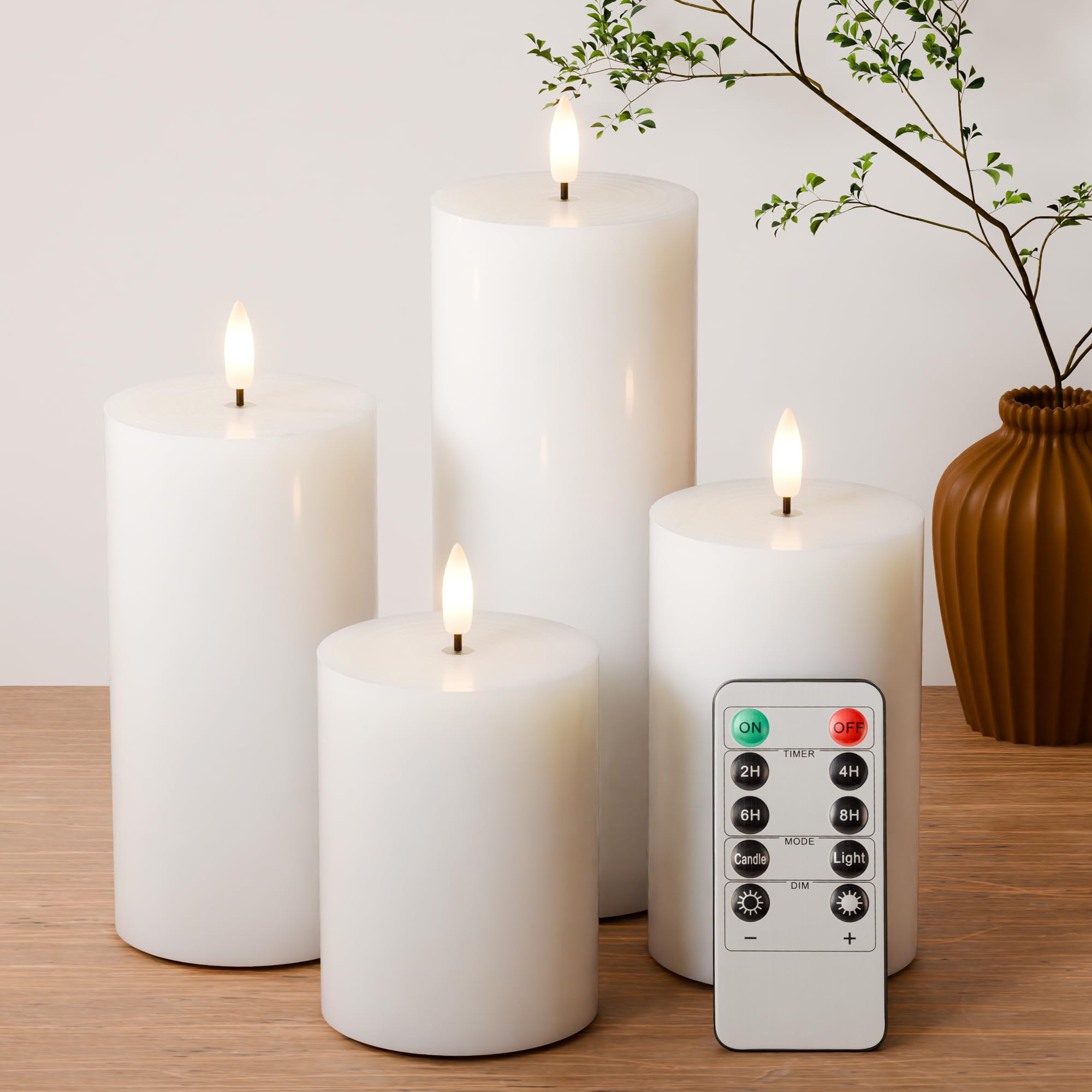 Photo 1 of AFINETH White Flameless Pillar Candles, Battery Operated Wax Candles with Remote, Flat Top Flickering Flameless Candles, LED Candles for Home, Wedding, Party Decor, Set of 4, ? 3" H 4" 5" 6" 8"
