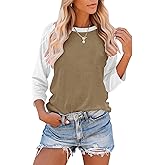 Bingerlily Women's Casual T-Shirts 3/4 Sleeve Color Block Cute Tops Comfy Blouses