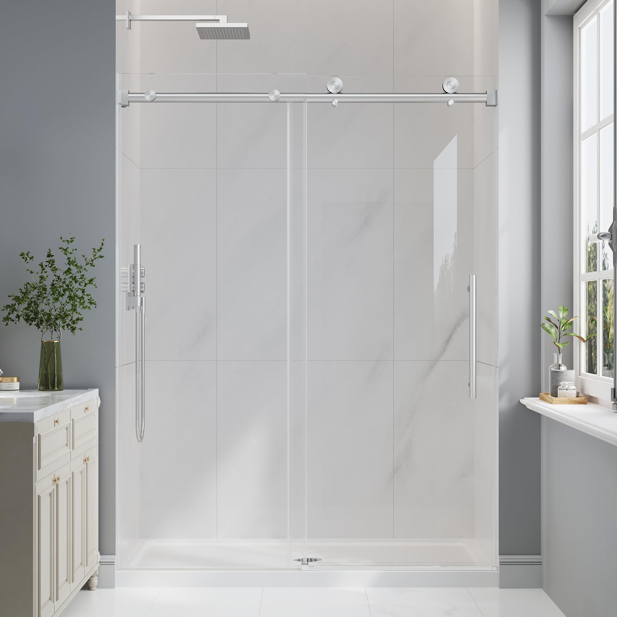 Photo 1 of EASYWORC Frameless Glass Shower Door, 55-60" W x 76" H Sliding Frameless Shower Door, 1/4''(6mm) SGCC Tempered Glass, Explosion-Proof Film Nano Coating, Stainless Steel Hardware, Brushed Nickel