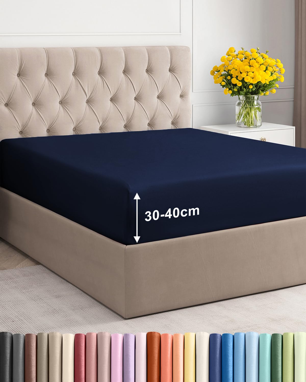 Small Double Fitted Bed Sheet 120x190cm - Extra Deep Fitted Sheet for Mattresses up to 40 cm (16") - Soft Brushed Microfiber - Wrinkle, Shrinkage & Fade Resistant - OEKO-TEX - Navy Blue - Bottom Sheet