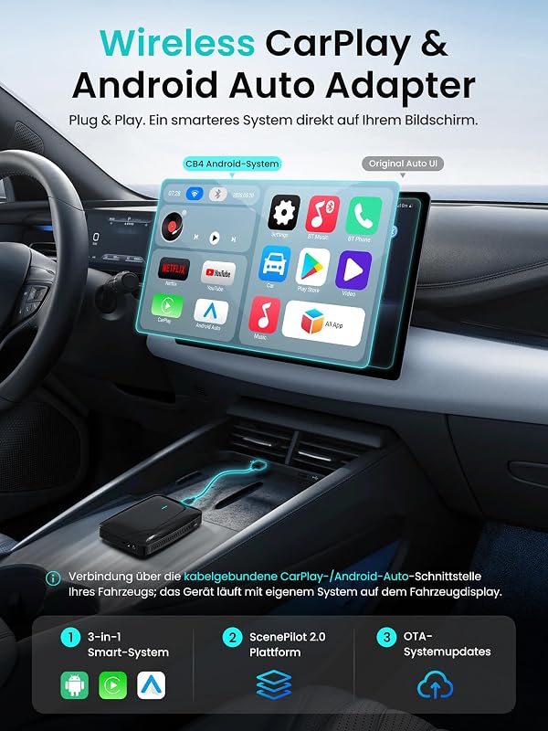CarPlay AI Box, Wireless CarPlay Adapter Netflix/YouTube/TF-Karte 4GB+32GB - AI Box Android Auto Video Dongle, nur für OEM Kabel-CP/AA, 4G Dual-WLAN & BT, DriveChat AI Voice,Plug&Play CB4B