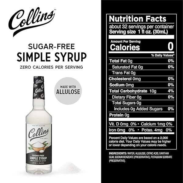 COLLINS SUGAR FREE SIMPLE SYRUP FOR DRINKS, ALLULOSE COFFEE SYRUPS, LOW CARB COCKTAIL SWEETENER KETO 32OZ. SET OF 1