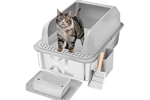 Furkid Stainless Steel Cat Litter Box with Lid, XL Large Litter Box for Big Cats, Enclosed Kitty Litter Pan with High Sides, Anti-Leakage & Non-Stick, Easy to Clean, Included Scoop, Aisle and Mat