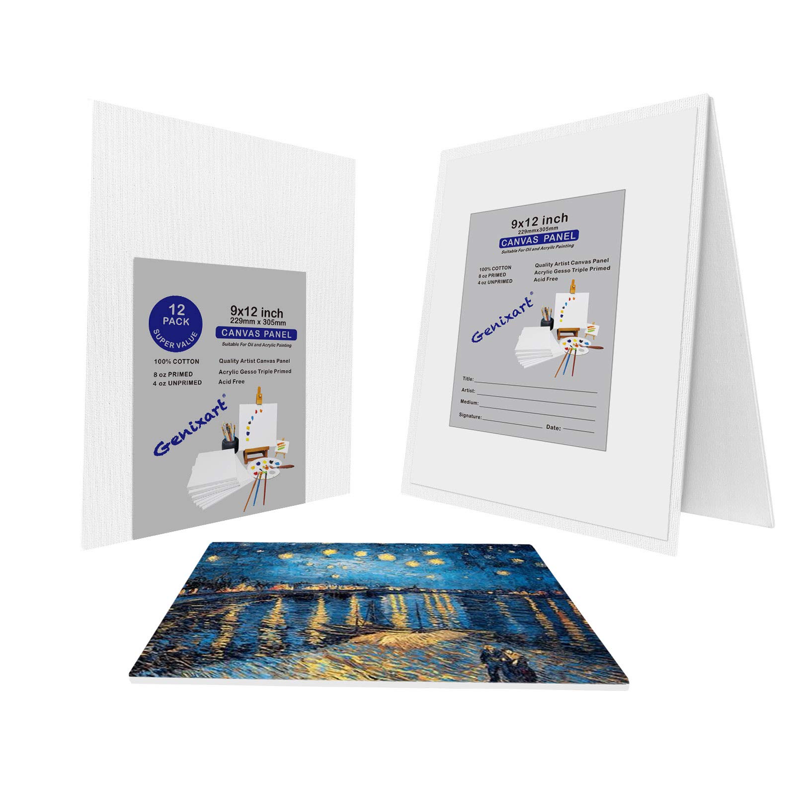 Genixart White Blank Canvas Panels for Art - Primed Artist Canvases Boards for Acrylics & Oils Painting (24x30cm / 9"x12" Inch - 12 Pack, a4 Size)