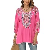 Higustar Mexican Embroidered Tops for Women Traditional Boho Tunics Bohemian Shirts Plus Size Peasant Clothes Blouses