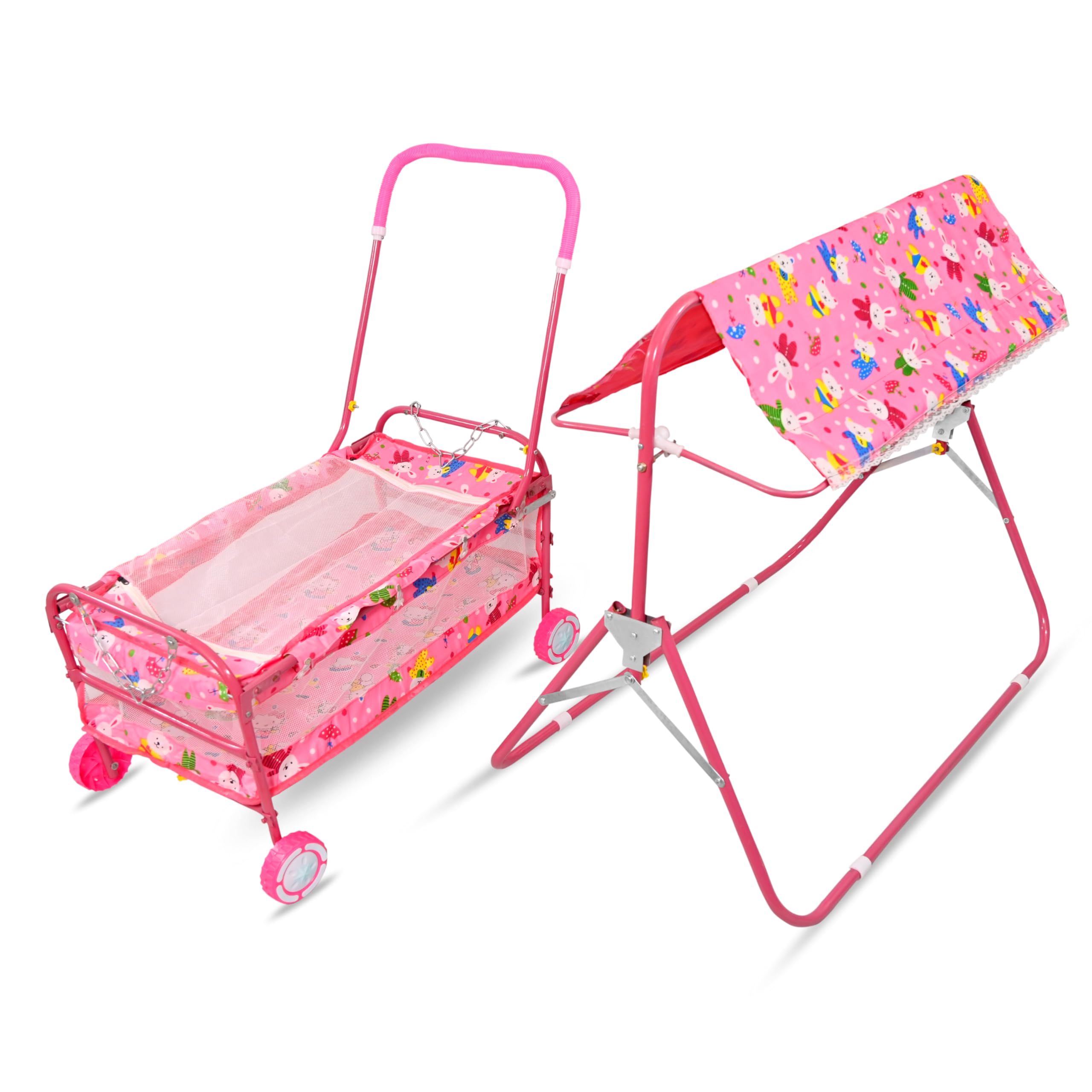 AVANI METROBUZZ Baby Cradle Mosquito Net Jhula Palna Stroller Infant & Toddler Beds Born Baby 1-2 Years Babies-Newborn Baby Cotton Baby Sleep Baby Bedding Cradle with Wheels AM1 (Pink) 4