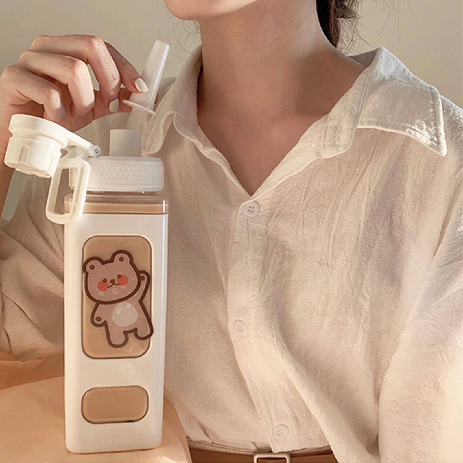 DKIIL NOIYB 700ml Kawaii Bear Water Bottle With Straw Plastic Portable Square Drinking Bottle Large Kawaii Water Bottle for Girl Cute Juice Tea Water Cups (With Sticker)