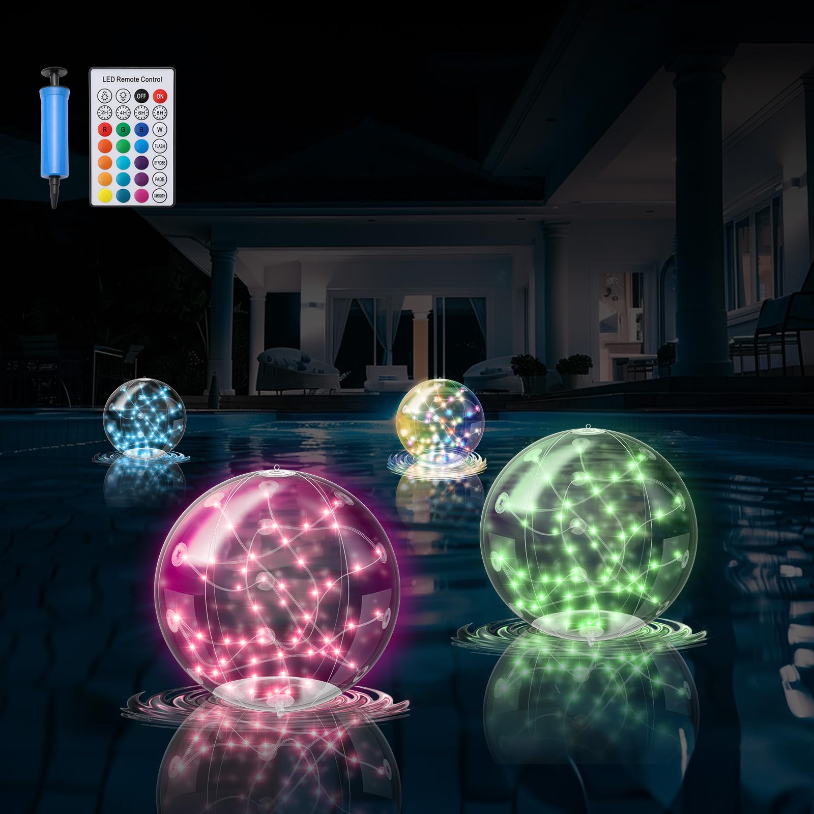 Pulsky Solar Floating Pond Light, 2Pcs 14.5 Inch Pool Light Inflatable Hangable Ip68 Waterproof Rgbw 16 Color Changing Ball Led, Light Up Ball for Pond, Wedding, Party,Pool, House Decor