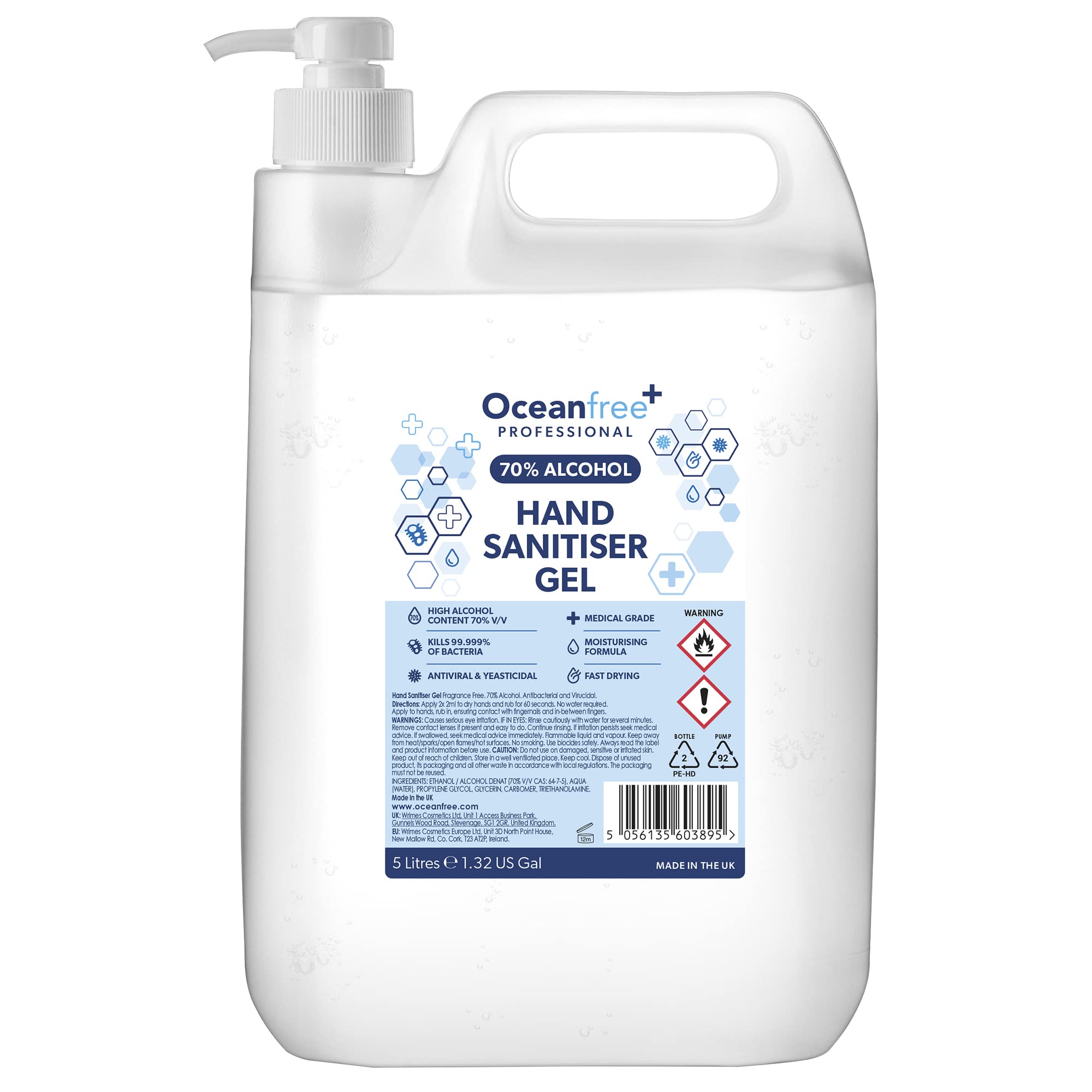 70% Alcohol Hand Sanitiser Gel - 5L Litres with pump - Certified Surgical/Medical Grade - Made in the UK (Single)