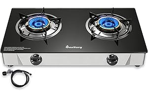 BesNerg 2 Burner Propane Stove Two Burner, Portable Tempered Glass Auto Ignition Gas Cooktop, Suitable for Outdoor-Camping-RVs (BLACK)