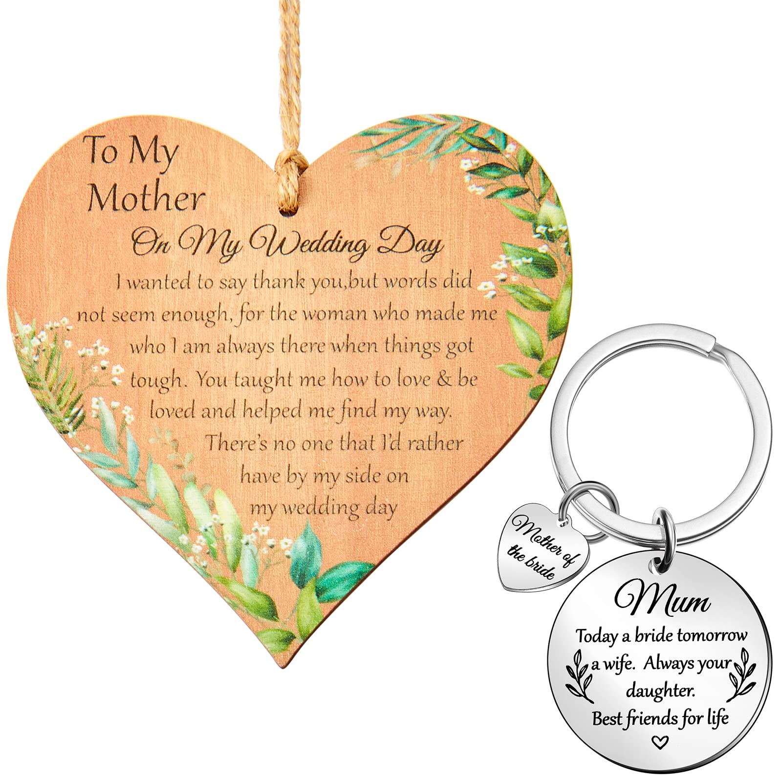 2 Pieces Wooden Mother of the Bride Gifts Wedding Gift Keyring Thank You Gifts for Women Rustic Hanging Heart Plaque to My Mother Wedding Gifts for Mother of the Bride Floral Ornament for Women