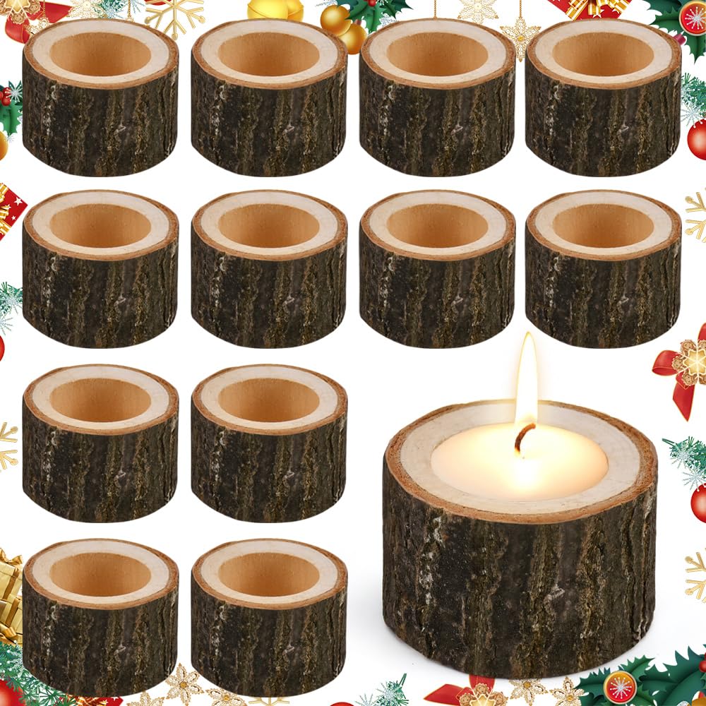 EMAGEREN 12 Pcs Wooden Tea Light Candle Holders Votive Tealight Holder Personalized Candle Stands Wooden Candle holder Set for Wedding Centerpieces for Table Wedding Party Home Decor (6cmWx4cmH)